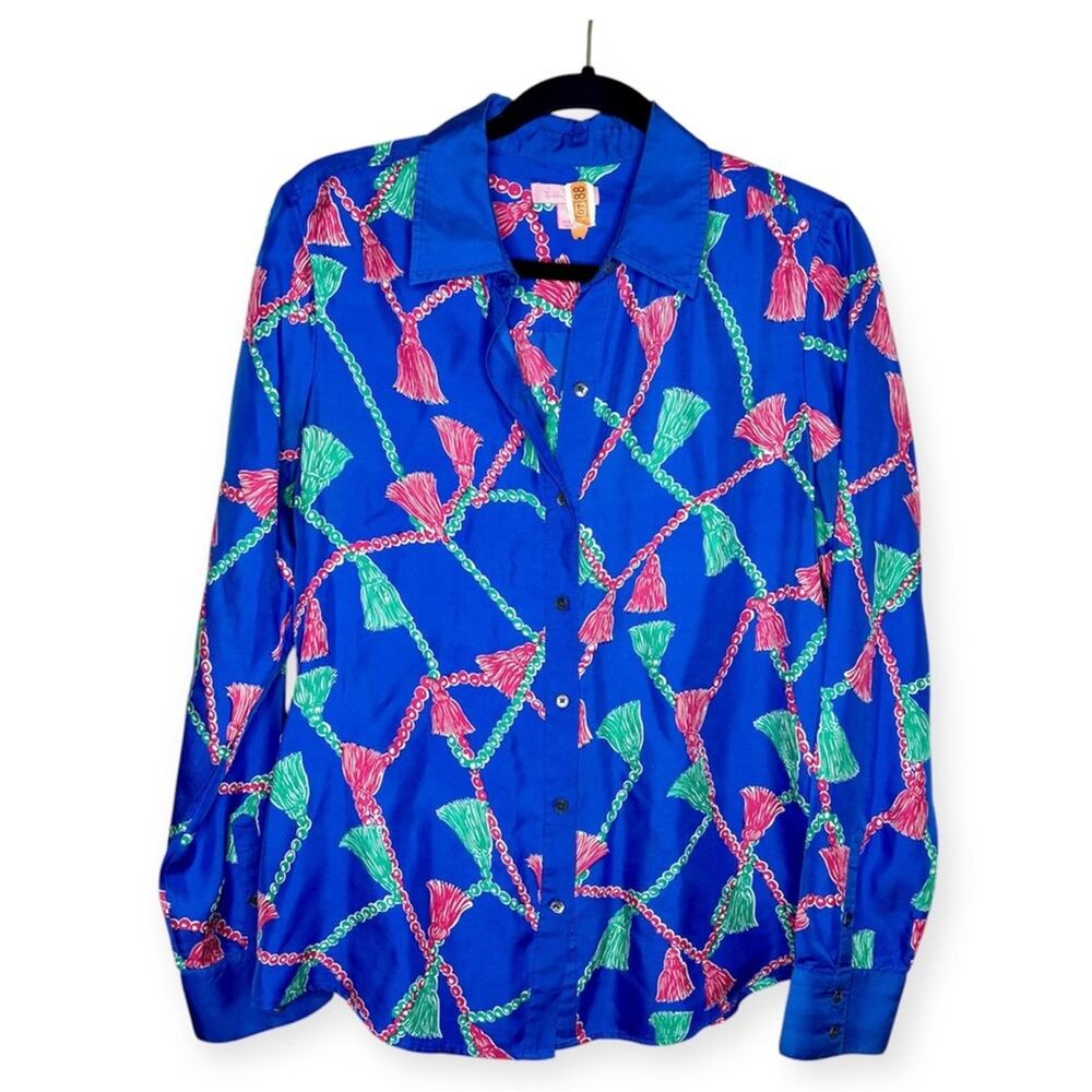 Lilly Pulitzer Blue & Pink Tassels Print Button Down Silk Shirt Women's size 12